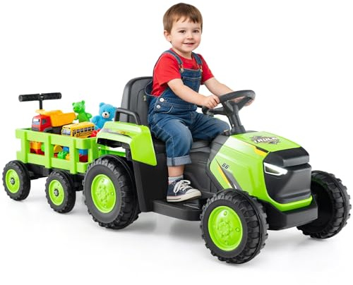 GOPLUS 12 V elektrisk traktor för barn med släpvagn, elektrisk traktor med 2,4 G fjärrkontroll, elfordon med LED-ljus, musik och tuta och Bluetooth, elbil för barn från 3–8 år (grön)