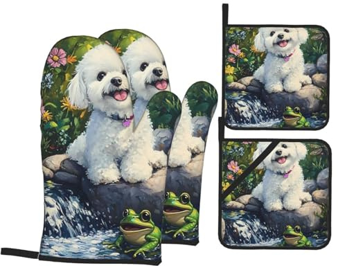 Set di 4 guanti da forno e presine a forma di cane Bichon, resistenti al calore, impermeabili, cuscinetti caldi con tasca