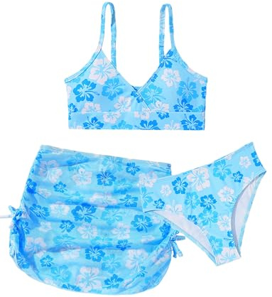SEAAUR Costume Bambina 3 Pezzi Bikini Blu Triangolo Gonne da Spiaggia Nuoto Ragazze Tankini Mode Regolabil Colore Solido 12-13 Anni