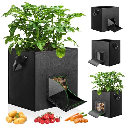 YedZen Saco para plantas de patatas, 30 L, 4 unidades con asa y ventana de visualización, bolsas de plantación transpirables de tela no tejida para patatas, tomates, verduras, flores, plantas
