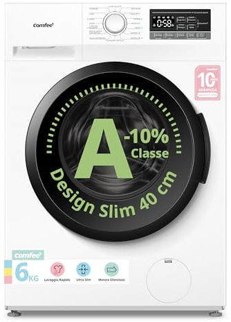 COMFEE' Lavatrice Carica Frontale 6 kg, Ultra Slim 40 cm, Classe A‑10%, 1200 giri, Vapore Igienizzante, Baby Care, Motore Inverter BLDC, 16 Programmi, Bianco – CFP01EW60W