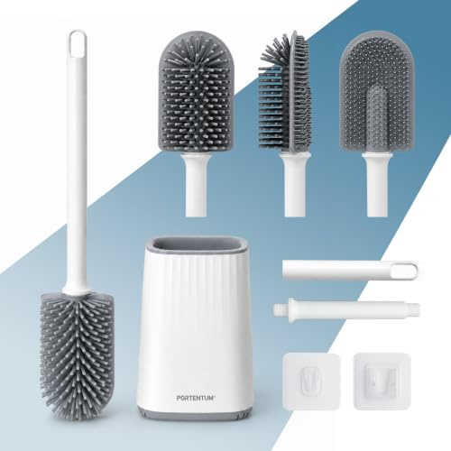 PORTENTUM Escobilla baño Silicona con escobillero antigoteo y Secado rápido – Escobilla WC de Cabezal Plano Flexible para Bordes y Esquinas – Suelo o Pared sin Taladro – Accesorios baño