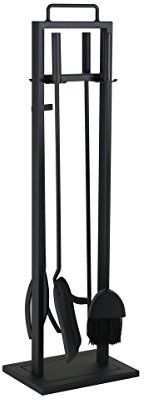 Kamino Flam Kaminbesteck Set Eisen - Accessori per caminetto nero - Set per caminetto moderno - Set per caminetto con posate - Utensili per caminetto 4 pezzi con supporto e attizzatoio