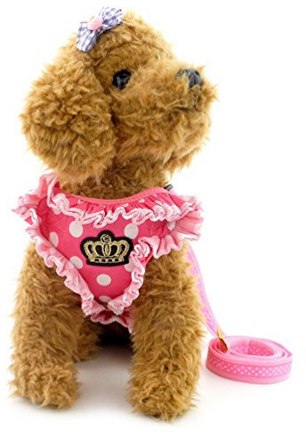 SMALLLEE_LUCKY_STORE Hundegeschirr, Weste mit Rüschen, weiches Netz-Geschirr und Leine, für Mädchen, kein Ziehen, verstellbar, Rosa, Größe M