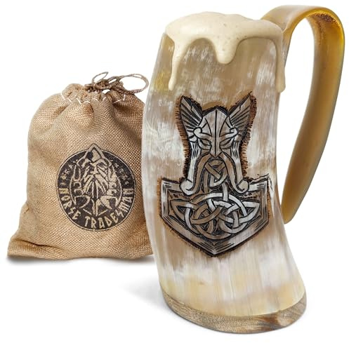 Norse Tradesman Limited Edition Viking Drinking Horn Mug - Exquisite Thor's Hammer Engraved Beer Tankard - The Thunderstrike, High Polish, Approx. 500 ml