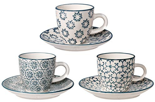 Bloomingville Tazzine da caffè con piattino Kristina - con Motivo in gres colorato C: Ø 6 x H 5,5 cm, S: Ø 11,5 cm, Blu, Ceramica Gres, Set da 3, capacità 80 ml