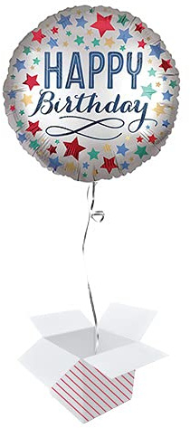 Happy Birthday Satin Stars Round Foil Helium Balloon - Inflated Balloon in a Box