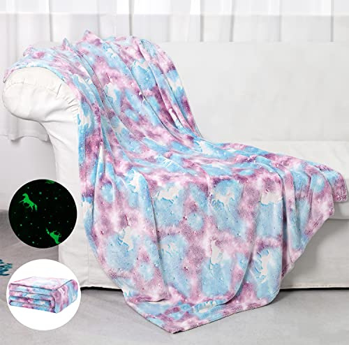 SALIMAH Glow in The Dark Throw Blanket Luminous Unicorns Blanket für Kinder, Super Soft Plush Flanell Blanket, 152,4 x 127 cm (Blue Unicorns)