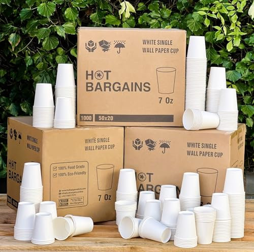 HOT BARGAINS White Paper Cups, 7oz Single Wall, 1000 Count, for Hot & Cold Drinks, Home & Office Use