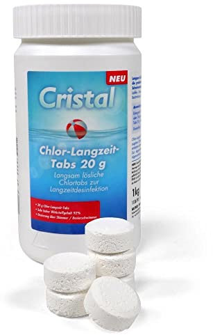 Cristal Chlor Langzeit-Minitabs 20g - 1kg Dose - Langzeitdesinfektion für Pools - Stabilisiertes Chlor - Effektive Wasserpflege - Poolgröße ab ca. 2 m³