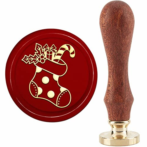 CRASPIRE Calcetín de Navidad Sello de Cera Sello Sello de Sellado de Cabeza de Latón Extraíble de 30 mm / 1.18 Pulgadas con Mango de Madera para Invitaciones de Navidad Tarjetas de Felicitación