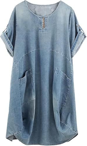 Minibee Women's Ruffle Oversize Casual Midi Dresses Jean, Light Blue, 2XL