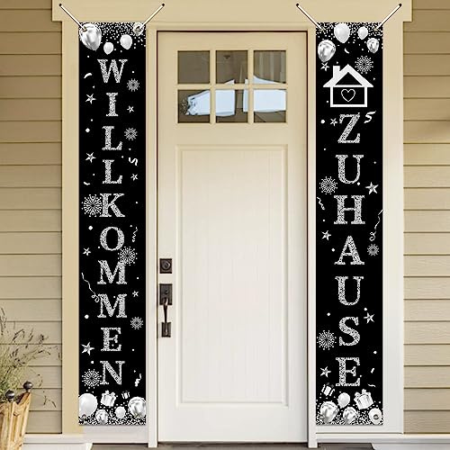 Koliphy Willkommen Zuhause Deko, Willkommen Zuhause Tür Banner für Heimkehr, Welcome Home Banner Familie Rückkehr Familienfeiern Silber Schwarz Party Dekoration, 70.8 x 11.8Zoll