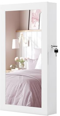 SONGMICS Armoire à Bijoux Murale, Organisateur de Bijoux, Rangement, Verrouillable, avec Miroir, Peu Encombrant, Surface en Blanc et Doublure en Grège JJC051W02