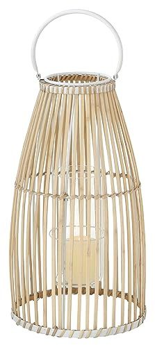 Home4You Windlicht - Braun - Weiß - Bambus - Glas - H 44 cm - mit Kerzenhalterglas