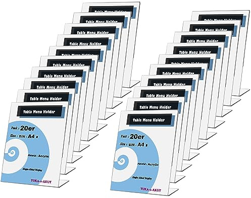 TUKA 20X Présentoirs de Table A4 Portrait, Acrylique 2,5mm d'épaisseur, Transparent L-Stand Inclinés Porte-Brochures Porte Menu Support de Présentation pour Bureau Réception Foires, TKD8200-A4-20x