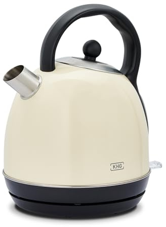KHG WK-1711 (C) Wasserkocher Retro 1,7 L, Kessel-Wasserkocher Creme | 360° Sockel, Kalkfilter, Wasserstandsanzeige, Trockengehschutz, verdecktes Heizelement, LED-Leuchte, 2200 W & 220 V