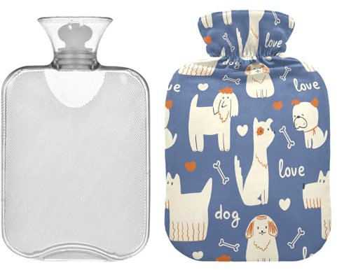 ZZXXB Pudel Love Bones Wärmflasche mit Fleece-Bezug, PVC-Wärmbeutel, 1 Liter