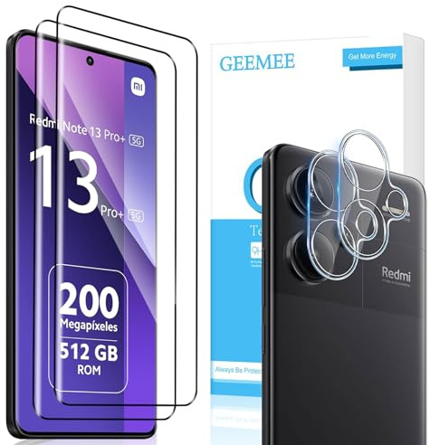 GEEMEE 2+2 Pack Protector de Pantalla para Xiaomi Redmi Note 13 Pro Plus/13 Pro+ 5G y Protector de Lente de Cámara, 9H Dureza HD Cristal Templado Anti-Arañazos Sin Burbujas Vidrio Templado Protectora