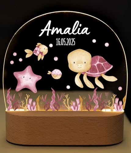 Bärenfreunde® - Personalisiertes Nachtlicht für Babys - Individuelle Nachttischlampe für Kinder - Personalisierte Geschenke Kinder - Babygeschenk - Geschenk zur Geburt (Schildkröte rosa)