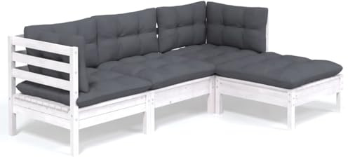 WEMYUFURN 4-TLG. Garten-Lounge-Set mit Kissen Weiß Kiefernholz, Outdoor-Sitzgruppe, Terrassen-Lounge-Set, Garten-Couchgarnitur - Wetterbeständig, Komfortabel - für Terrasse, Garten und Balkon