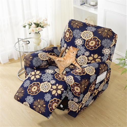 Highdi Sesselschoner für Relaxsessel 4-Teilig Alleine Waschen mit Seitentasche, Bedruckter Fernsehsessel Bezug Separat Gereinigt Stretch Husse Relaxsessel Sesselbezug (Blaue Chrysantheme)