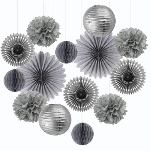 Christmas Paper Decorations Silver and Grey Party Decorations Paper Fans Honeycomb Balls Tissue Paper Pom Poms Lanterns for Christmas Xmas New Year Eve Birthday Wedding Baby Shower Party Decor