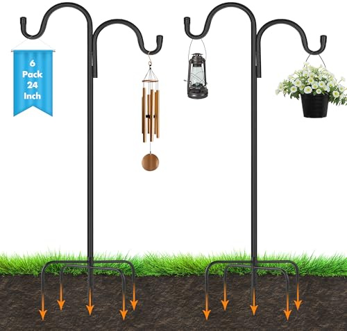 Vivantia 6 Pack 24 Inch Adjustable Double Shepherds Hooks for Outdoor 2 Sided Bird Feeder Poles with 5 Prong Base Heavy Duty Metal Garden Hook for Hanging Flower Basket Lantern Plants Bird Nests Decor