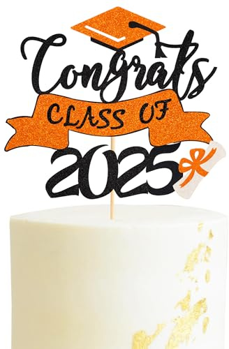 Arthsdite 1Pc Congrats Class of 2025 Cake Topper Congrats Grad Cap Diploma Theme for High School Happy Graduation Party Supplies College Graduate Decoration - Orange Glitter