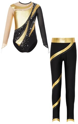 Fldy Mädchen Turnanzug Mit Langer Hose Langarm Glitzer Metallic Gymnastik Trikot Leggings Set Kinder Eiskunstlauf Ballett Tanzkleidung Gold 158-164