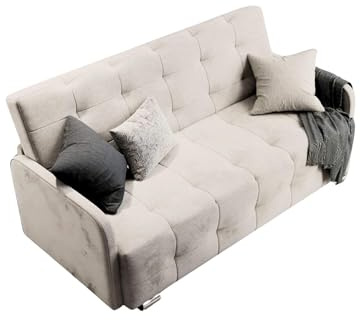 PRIMA, Schlafsofa mit Bettkasten für Wohnzimmer 201 cm Breite, Hellbeige | Schlafcouch PRIMA, Wasserabweisender Stoffbezug