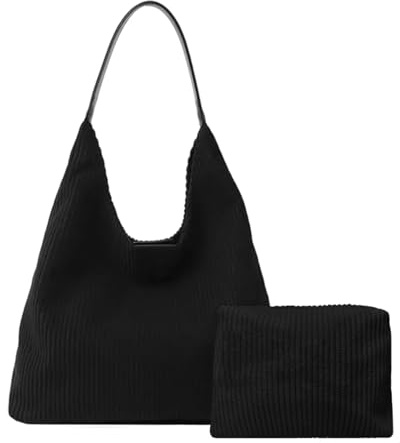 Mabecol Sac à Main Femme en Velours Côtelé, Sac Bandoulière, Grand Sacs Cabas Spacieux Avec Fermeture à Glissière Sacs de Cours Cadeau Fete Des Meres (Noir)
