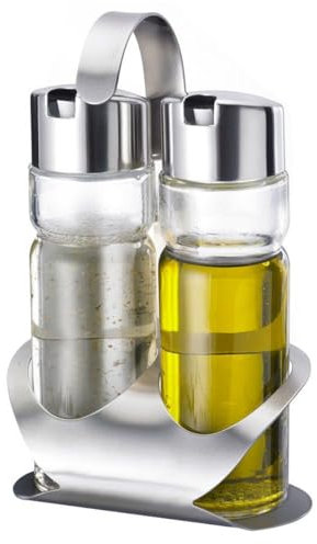 MGE - Set Oliera e Acetiera Antigoccia in Vetro - Oliera Acciaio Vetro - Bottiglie Dispenser per Olio e Aceto - Contenitori da Cucina Eleganti per Olio d’Oliva - Contenitore Olio Cucina