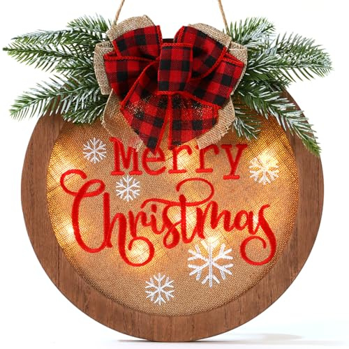 HOMCDALY Weihnachten Willkommensschild für Haustür, Winter Frohe Weihnachten Kranz, Bauernhaus Türdeko Holz Hängeschild, Weihnachtsdekoration (F-Xmas)