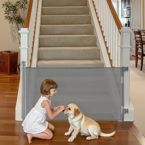 VEVOR Cancelletto Retrattile, Estensibile Fino a 1850 mm di Larghezza, 795 mm di Altezza, con Blocco di Sicurezza, Attraversabile Senza Inciampare, Cancelletto in Rete per Cani Scale, Grigio