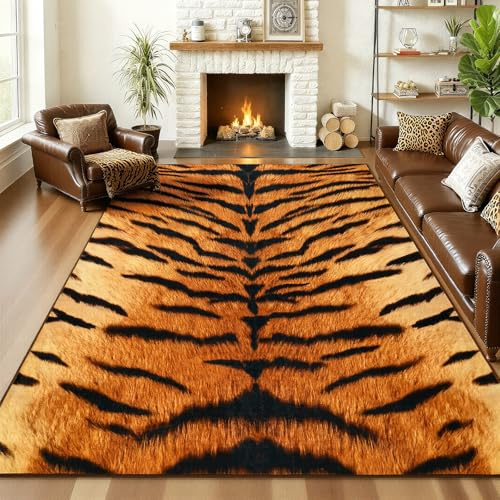 AROGAN Premium Tiger Rug for Bedroom 4×6 Feet, Machine Washable Animal Print Hide Area Rug, Large Non-Slip Faux Fur Tiger Skin Rugs Carpet for Office Living Room Dinner Room Decor