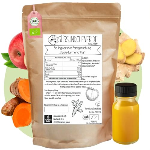 süssundclever.de® Bio Ingwershot Pulver Apple-Turmeric Vital | 200g - 40 Shots | Mit Acerola, Kurkuma und Apfelpulver | vegan und ohne Zuckerzusatz