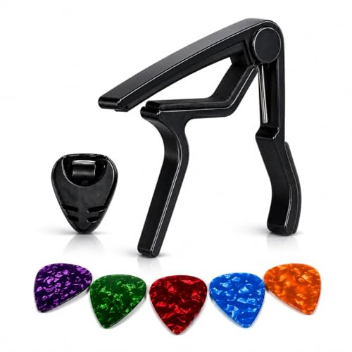 MUSO PRO Guitar Capo with Pick Holder and 5 Free Guitar Picks for Acoustic & Electric Guitar – Acoustic Guitar Capo, Ukulele & Guitar Capos with Strong Guitar Clamp – Guitar Accessories Gift