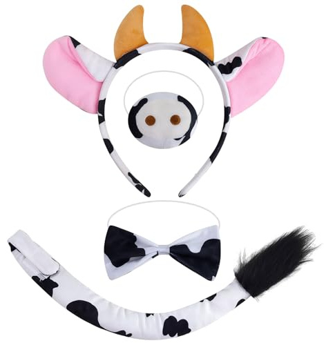 MUNSKT 4 Stück Kuh Kostüm Set Ohren Hörner Stirnband Kuh Nase Fliege und Schwanz Kostüm bauernhof Kuh Kostüm Kuhkostüm Cosplay Kostüm Zubehör Party Fasching