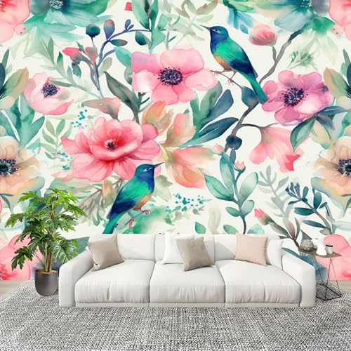 350x256 cm Fotomurali in TNT Acquerello Fiori Uccelli Carta da Parati Fotografica Moda Murale Decorazione Personalizzabile Verde Moderno e Lussuoso 3D HD Panorámico Carta per Pareti