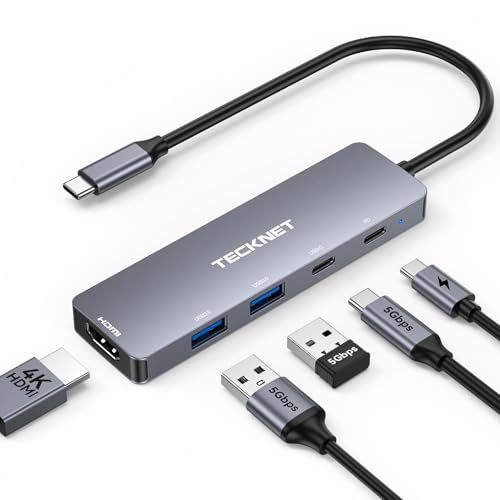 TECKNET Aluminium USB C Hub 5-in-1, 4K USB-C to HDMI, 5Gbps Data, 100W PD