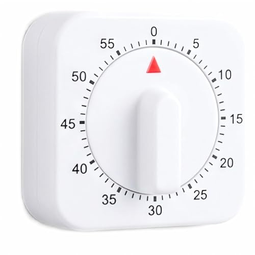 Mechanical Kitchen Timer 60 Minute – White Wind Up Egg Timer – Battery Free Countdown Timer for Cooking Baking Study and Exercise