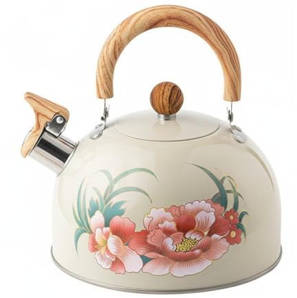 KiBcsLic 3 Litres Théière Sifflante 3L Grande Capacité Bouilloire Sifflante Poignée Imitation Bois Bouilloire à Motif Floral pour Camping, Beige