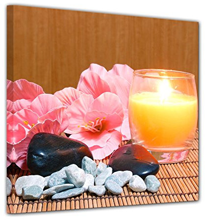 Bilderdepot24 Bild auf Leinwand | Gladiole mit Zensteinen und Kerze in 40x40 cm als Wandbild | Wand-deko Dekoration Wohnung modern Bilder | 201180-40x40