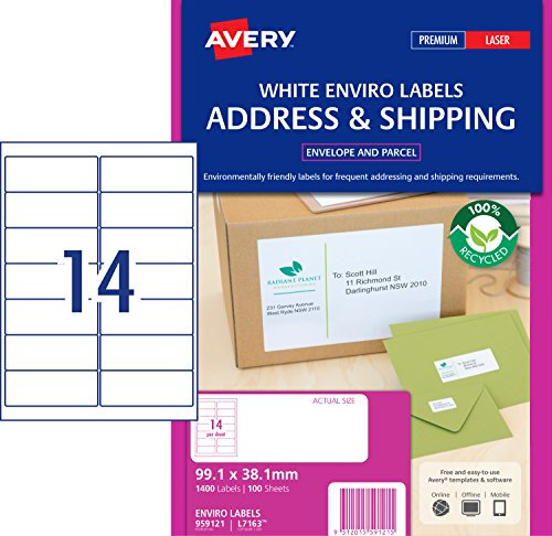 Avery Enviro 959121 / L7163EV Adressetiketten für Laserdrucker, 99,1 x 38,1 mm, 1400 Etiketten