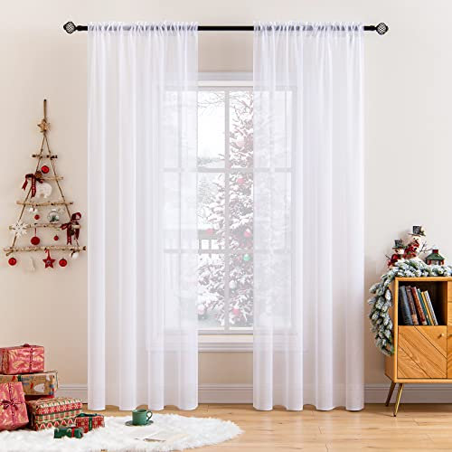 MIULEE 2er Set Sheer Voile Vorhang Stangedurchzug Transparente Gardine Polyester Fensterschal Transparent Wohnzimmer Luftig Dekoschal für Schlafzimmer 140 X 245cm(B x H),Rod Pocket Weiß