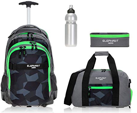 Elephant Schultrolley RucksackTrolley 4 Teile Set 12771 CyberCamo Grün tsmf | Hero Signature Trolly rucksck mit Rollen + Sporttasche Mäppchen Box Trinkflasche Flasche