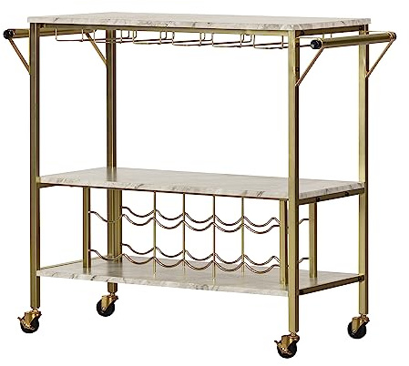 South Shore Maliza Bar Cart Bottle Storage and Wine Glass Rack-Faux Marble and Gold