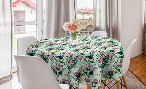 ABAKUHAUS Blumen Runde Tischdecke, Clovers in Aquarell Stil, Kreis Tischdecke Abdeckung für Esszimmer Küche Dekoration, 150 cm, Getrocknete Rosen Farn-Grün