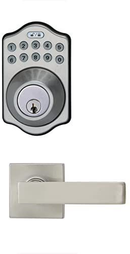 Amazon Basics Traditional Electronic Keypad, Keyless Entry Door Lock Deadbolt with Handle Set, Key Pad Front Door with Knob, Traditional Door Locks for Front Door, Door Handle, Satin Nickel, 1-Pack